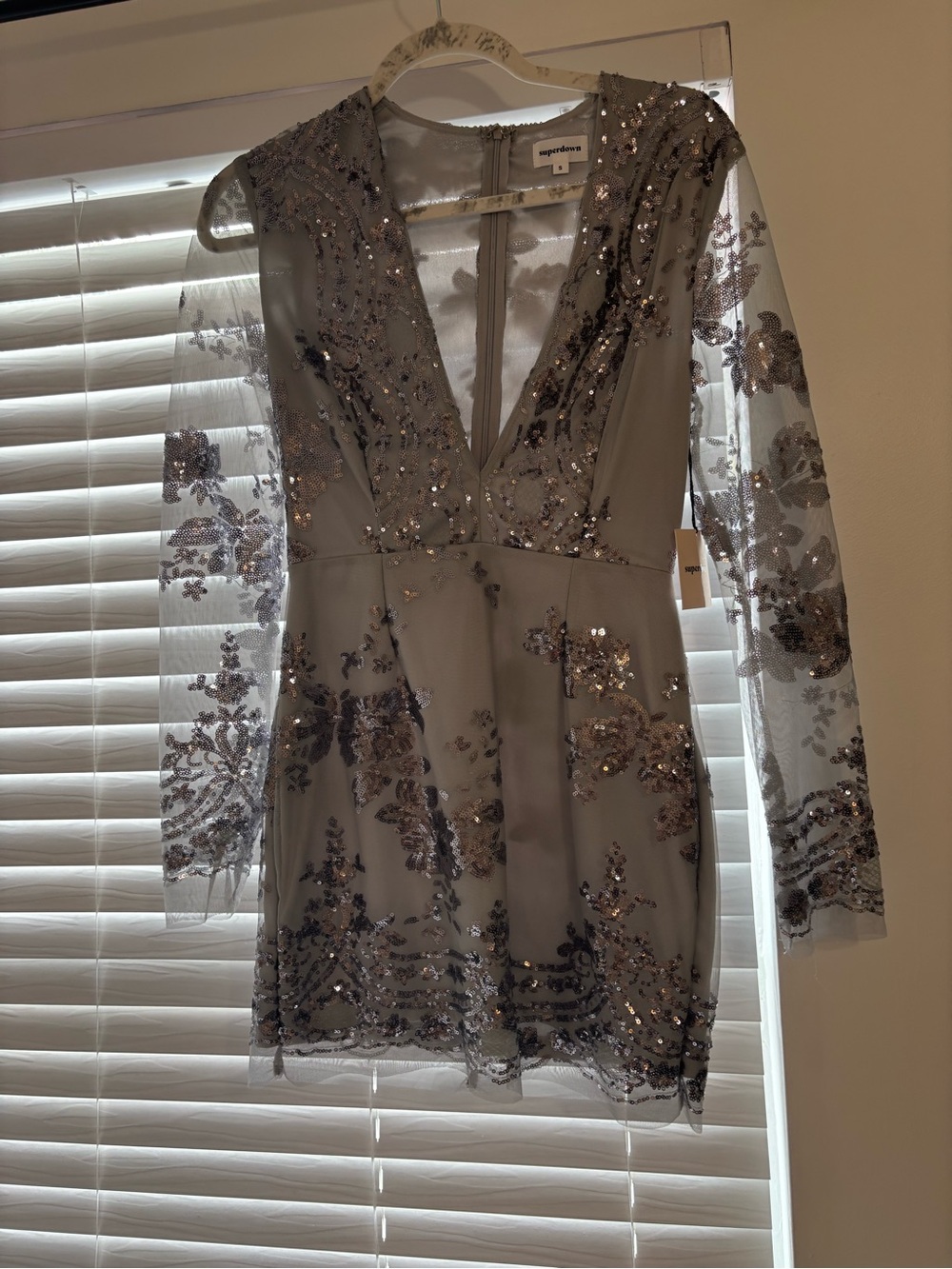 superdown Silver Gray Sequin Long Sleeve V-Neck Mini Dress